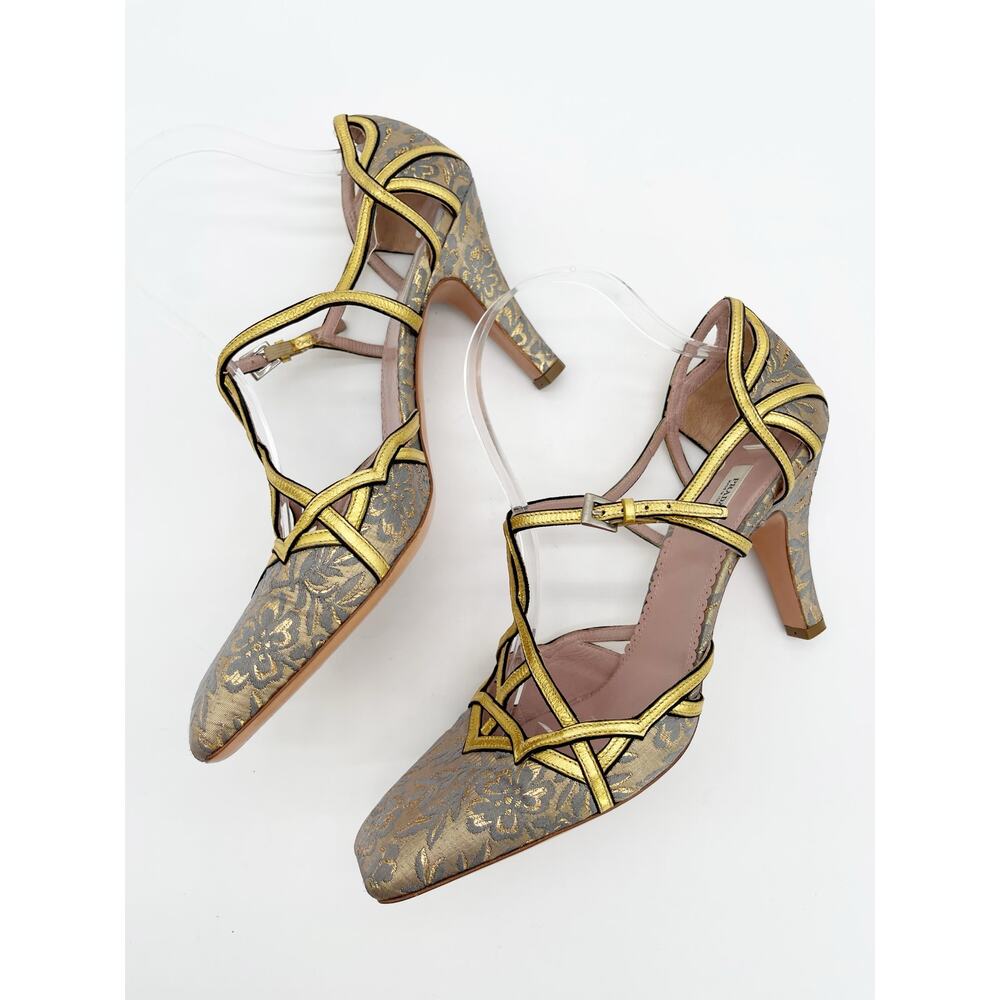 Prada Vintage Gold Floral Brocade Retro Baroque Strappy Square Toe Heels IT 40 - Picture 5 of 11